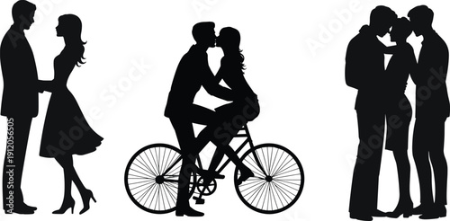 Vector, Illustration, Set, of, Romantic, Couple, Silhouettes, with, Bicycle, for, Valentine, Identity, Branding, Professional, Graphic, Design, Projects, Collection, Elements, Love, Marriage, Relatio