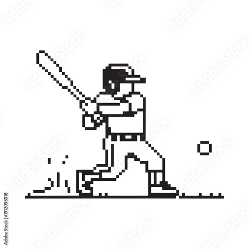 Pixelated illustration of a baseball player swinging at a pitch