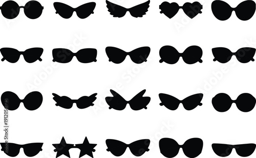 Collection of black sunglasses silhouettes featuring various shapes like heart, star, cat eye, and butterfly wings for fashion graphic design.