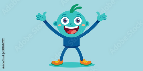 Cute blue round character waving happily with both arms raised, Friendly teal mascot celebrating and greeting with a big smile