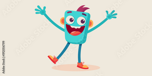 Cute blue round character waving happily with both arms raised, Friendly teal mascot celebrating and greeting with a big smile
