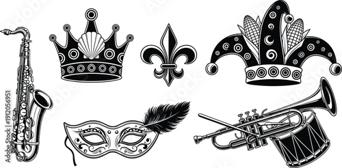 Mardi Gras carnival vector illustration set with jazz musical instruments masquerade mask crown and fleur-de-lis for New Orleans festival celebration design elements collection