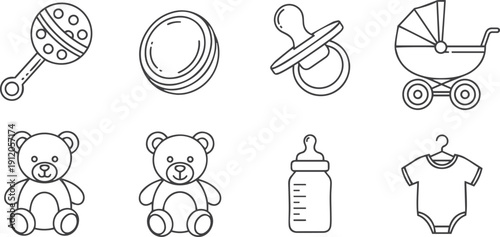 Baby Icon Set with Outline Style, Newborn Congratulations Symbols Including Baby Rattle, Pacifier, Baby Carriage, Teddy Bear, Baby Bottle, Onesie Vector