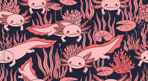 Pink axolotl and coral reef seamless wallpaper