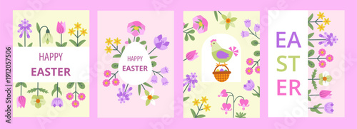 Set of four Easter greeting cards featuring geometric spring flowers, a hen with egg basket, and Happy Easter typography in pastel colors