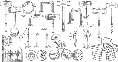 Doodle style croquet game elements with mallets and hoops. Vector cartoon illustration set for outdoor lawn sports. Collection of isolated equipment