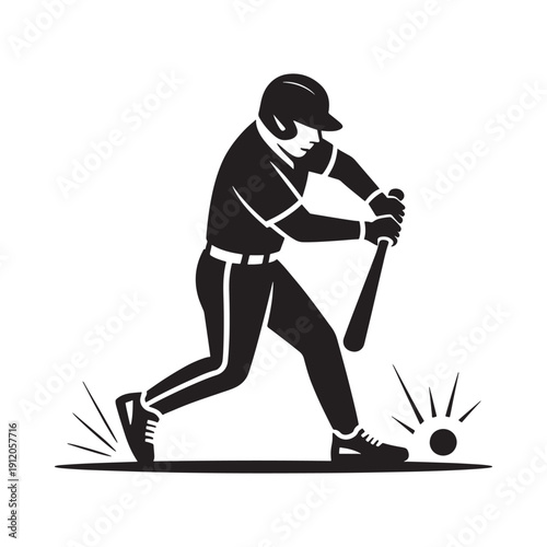 A black and white illustration of a baseball player swinging a bat