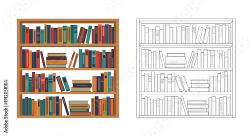 Colorful bookshelf filled with books alongside its black and white outline