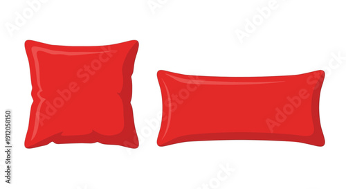 Two vibrant red pillows one square and one rectangular isolated on white