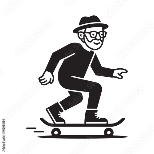 Stylized illustration of a senior man riding a skateboard