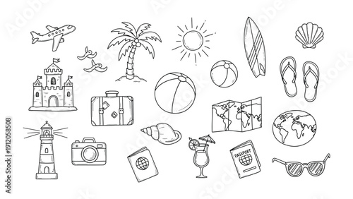 Journey Essentials Sketch: A collection of meticulously sketched icons embodies the essence of travel and exploration, from a sun-kissed beach to embarking on a globe-trotting adventure.