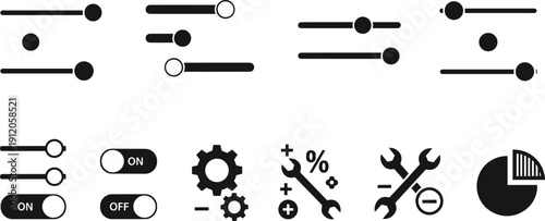Black and white vector settings icons, sliders, toggle switches, gears, wrench tools, pie chart, configuration, customization, analytics, user interface elements