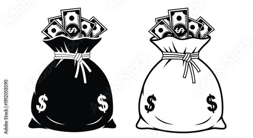 Two bags of money a black and a white sketch illustration