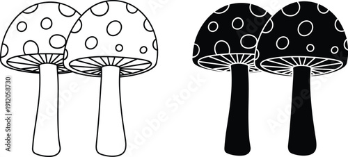 Black And White Vector Illustration Set Of Two Spotted Toadstool Mushrooms Featuring High Contrast Silhouette And Detailed Outline Styles For Nature And Forest Design