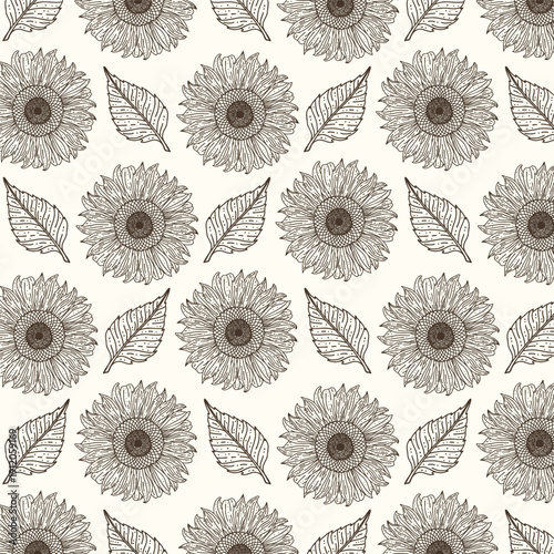 Seamless sunflower pattern with hand drawn line art flowers and leaves, vintage botanical floral background for textiles wallpaper wrapping paper fabric packaging rustic country decor
