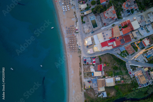 Tableau sur toile Top-down drone view of the beachfront resort at Agios Georgios Pagon, Corfu