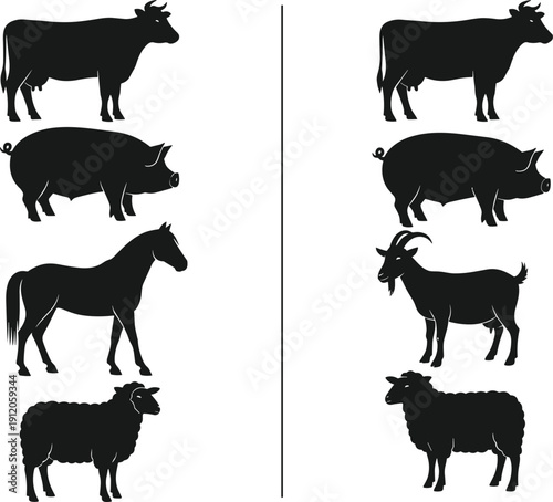 Black And White Vector Silhouette Set Of Farm Animals Including Cow Pig Horse Goat and Sheep For Agriculture Livestock And Rural Industry Design