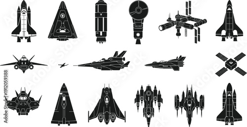 Black silhouette spacecraft shuttle rocket satellite fighter jet icons set, aerospace vector illustration collection, futuristic aviation design elements pattern