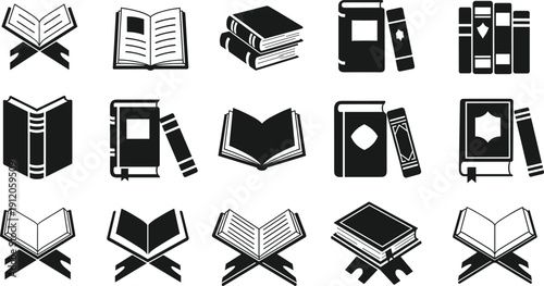 Book silhouette icon collection with open and closed volumes, stacked designs, religious texts, educational vector for literature and learning
