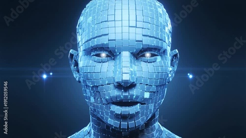 Futuristic digital human head made of blue reflective squares with glowing eyes on dark background. Concept of artificial intelligence and advanced technology in science.
