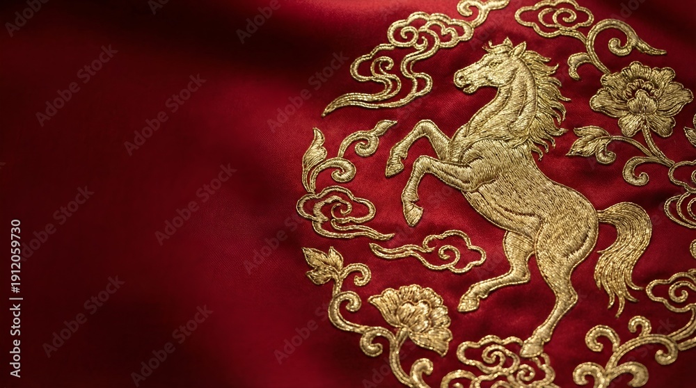 Fototapeta premium Exquisite golden embroidery of a rearing horse with traditional Chinese cloud and floral motifs on luxurious deep red silk fabric, showcasing intricate cultural textile art
