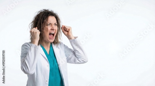 A stressed female doctor or medical professional intensely screams in overwhelming frustration and burnout, depicting the immense pressure in healthcare