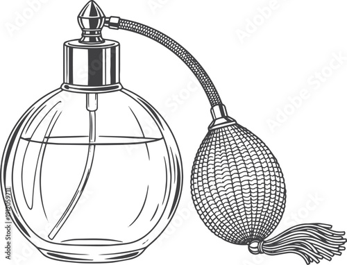 Perfume icon vintage bottle with atomizer spray. Vector line art. Fragrance symbol. Scent and aroma concept. Beauty cosmetic. Glamour retro illustration. Isolated design