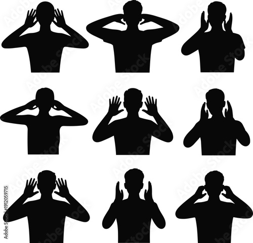 Black silhouette set of people covering ears with hands, noise protection concept, hearing problem awareness, sound sensitivity expressions isolated on white background