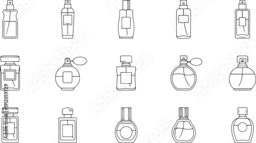 Set of perfume bottle line icons. Fragrance, scent, and cologne symbol collection. Minimalist vector illustration for beauty, cosmetics, web, and graphic design