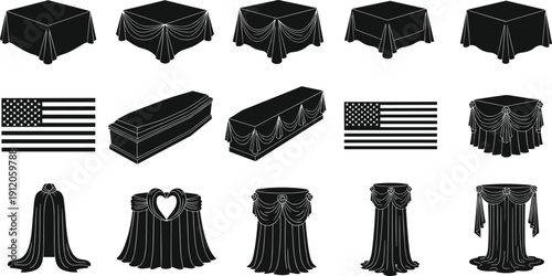Draped fabric and flag silhouette collection with table coverings, curtains, patriotic symbols, decorative vector for event and design