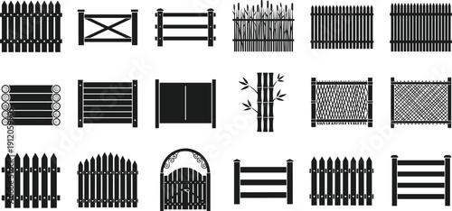 Fence and gate silhouette collection with picket, bamboo, chain link, wrought iron, wooden, decorative designs for architecture and landscaping