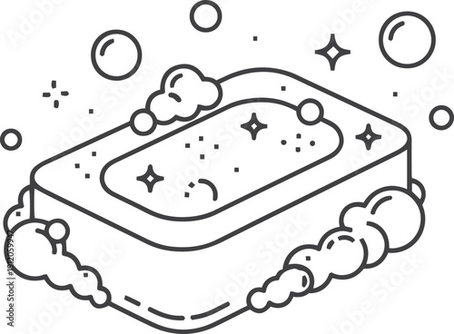 Soap bar thin line icon with bubbles and sparkles. Hygiene, cleanliness, washing hands concept. Personal care, skincare, bathroom symbol. Simple outline vector illustration