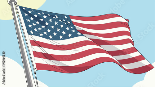 Vector premium du drapeau américain flottant fièrement sur un mât, avec fond soleil rayonnant et vaste ciel bleu lumineux.