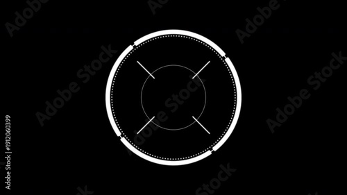 Clean minimal white circular HUD target reticle with layered rings and crosshair lines. Futuristic interface overlay ideal for gaming UI, surveillance visuals, sci-fi motion graphics and tech video pr