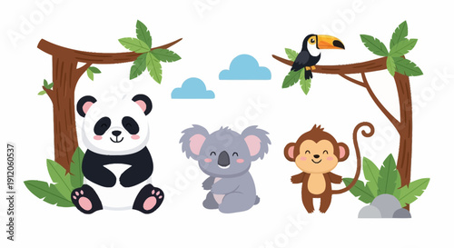 Charming Collection of Adorable Wild Jungle and Forest Animals in a Whimsical Cartoon Illustration for Children's Themes