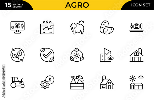 Agro and Farming Line Icon Set – Gardening, Harvest and Agriculture Outline Icons Collection with Editable Stroke Vector Symbols