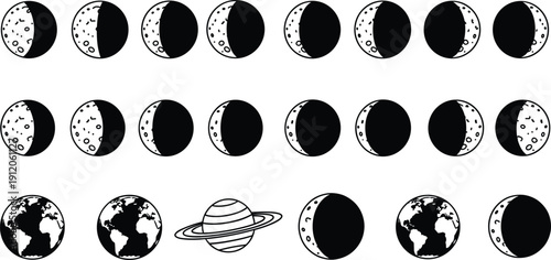 Moon phases vector illustration, lunar cycle design, astronomy icons, planetary bodies, Earth and Saturn graphics, cratered moon texture, educational science art