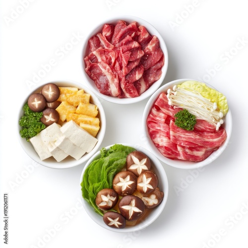 Wallpaper Mural Fresh Ingredients for Hot Pot Meal Including Meats, Vegetables, Tofu, and Mushrooms in White Bowls Torontodigital.ca