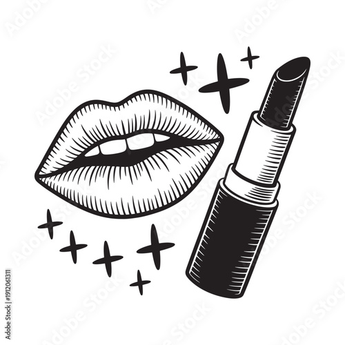 Stylized illustration of parted lips with lipstick and sparkling stars