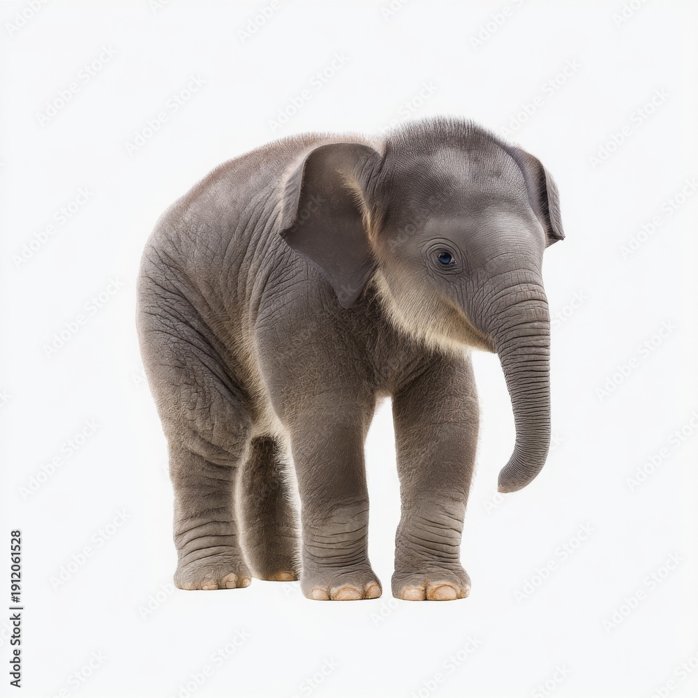 Fototapeta premium Adorable Baby Elephant Standing on White Background with Gentle Expression and Playful Stance