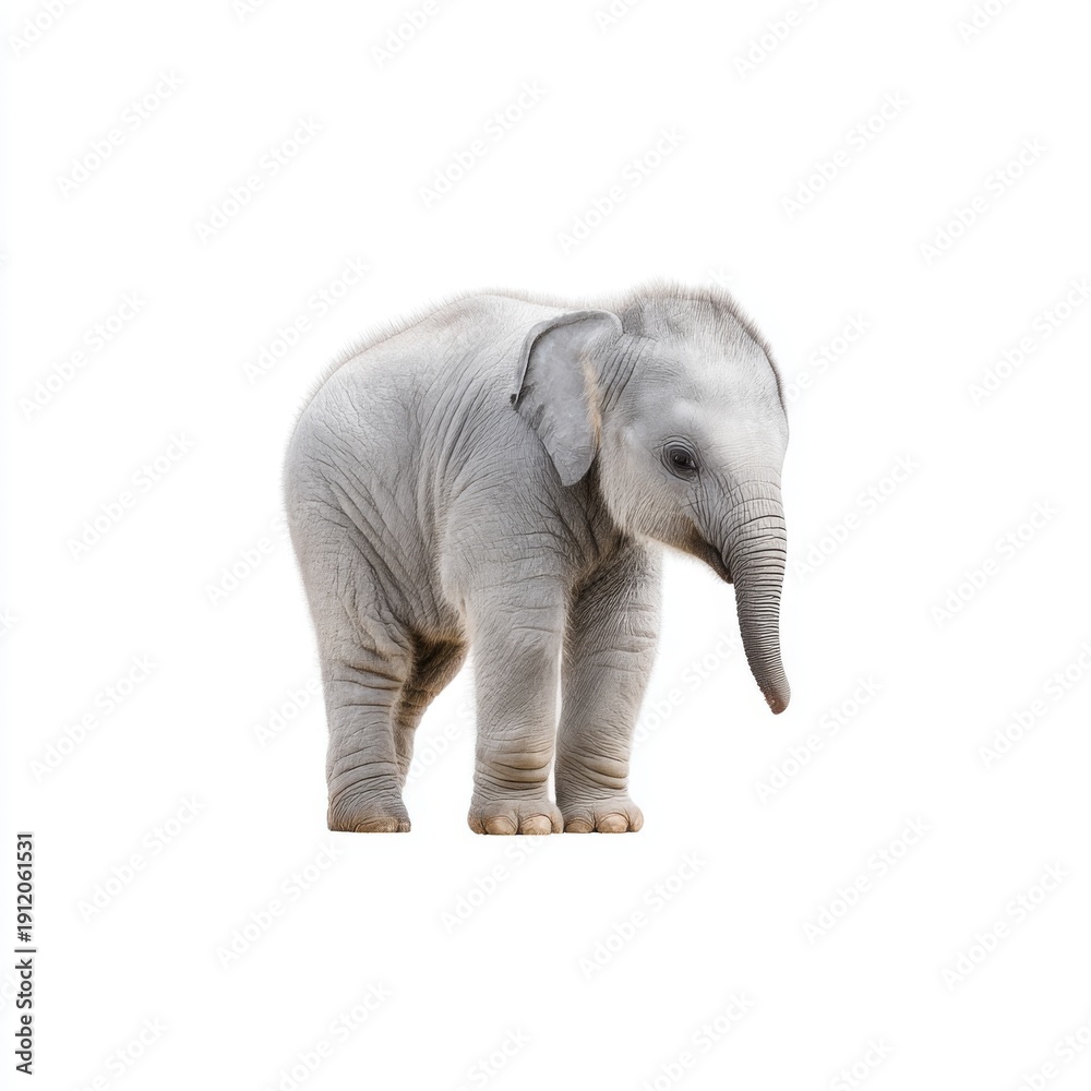 Fototapeta premium Adorable Young Elephant Standing Upright with Soft Skin and Big Eyes in a Studio Setting