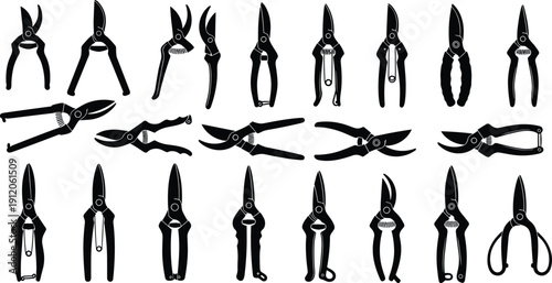 Pruning shears silhouette collection with garden clippers, trimming tools, cutting blades, horticulture equipment, plant care vector design for gardening