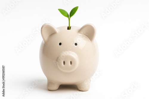 Piggy bank with a sprout growing out of it on a white background