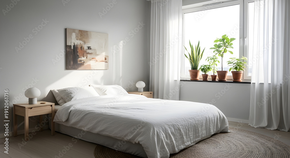 Fototapeta premium A serene and modern bedroom with a large bed and plants on the windowsill