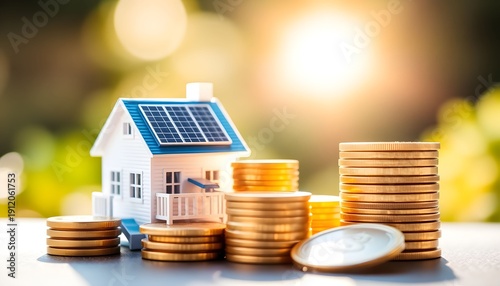 Stacks of gold coins surround a miniature house with solar panels on its roof, symbolizing investment in renewable energy and savings