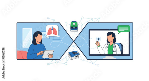A patient uses a tablet for a telehealth consultation with a doctor, sharing data from a pulse oximeter and smart inhaler remotely.