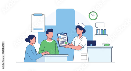 A friendly nurse at a hospital reception desk provides a medical checklist and information to a couple, ensuring a smooth patient intake.