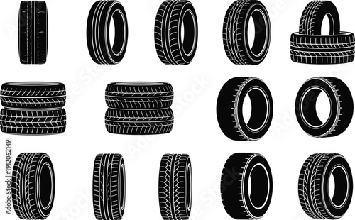 Tire silhouette collection with tread patterns, stacked wheels, automotive design vector for vehicle, transportation, driving, and road safety illustration