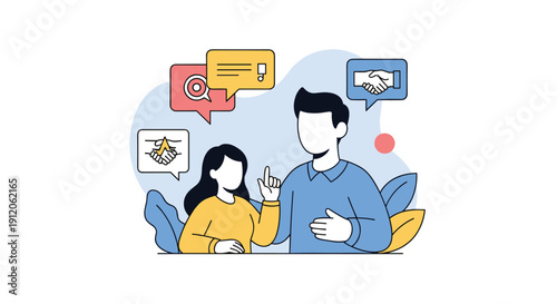 Man and woman engaged in a productive business conversation with icons for goals, agreements, and successful partnership in speech bubbles.
