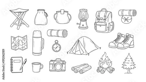 Camping Essentials: A charming collection of hand-drawn camping essentials, from tents to maps, perfectly illustrating the spirit of outdoor adventures.